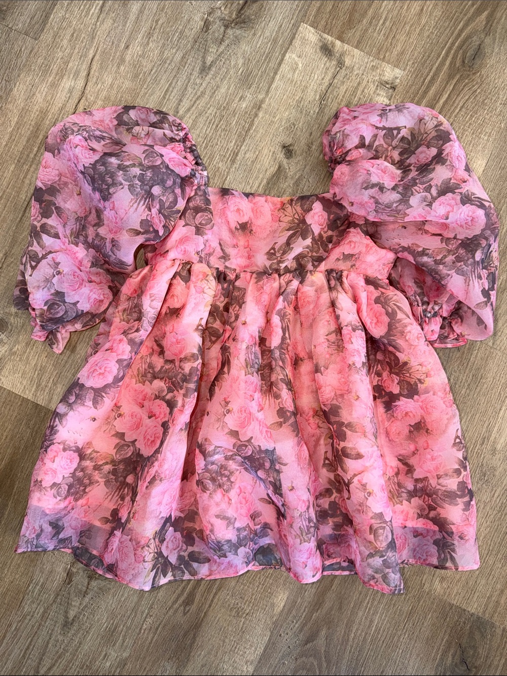 For Love Bell Pink Floral Puff-Sleeve Mini Babydoll Dress